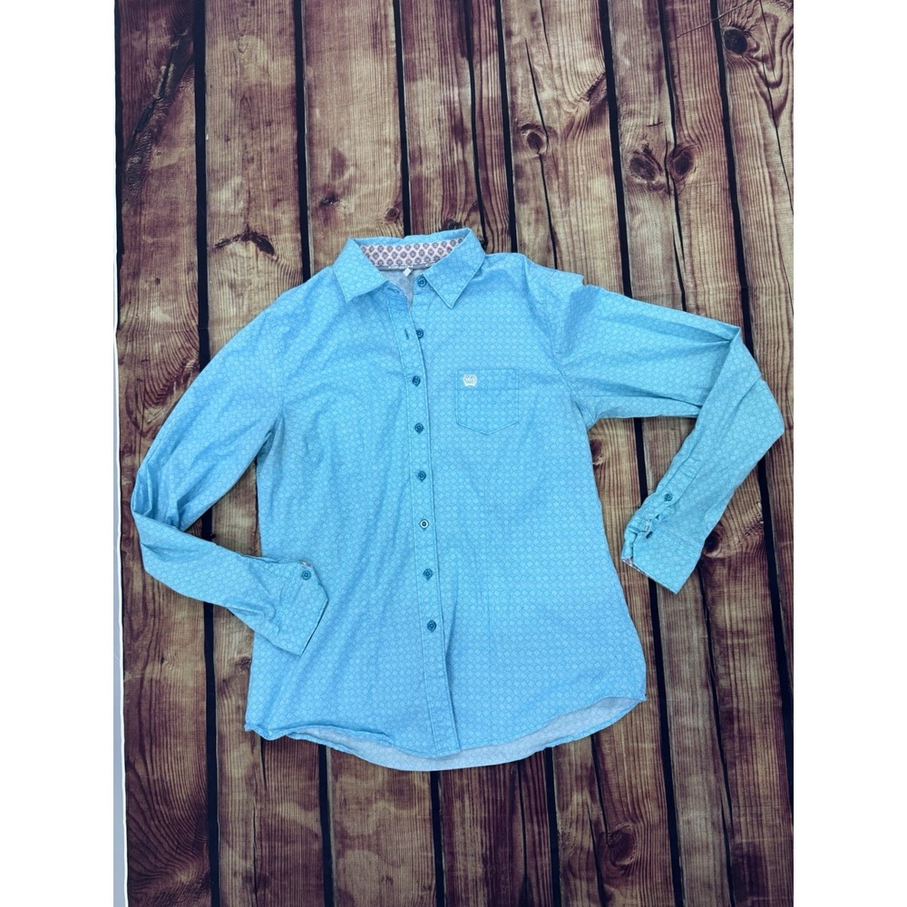 Cinch Womens blue Geometric Woven Button-Down Button-Up LS Shirt w/ Pockets L